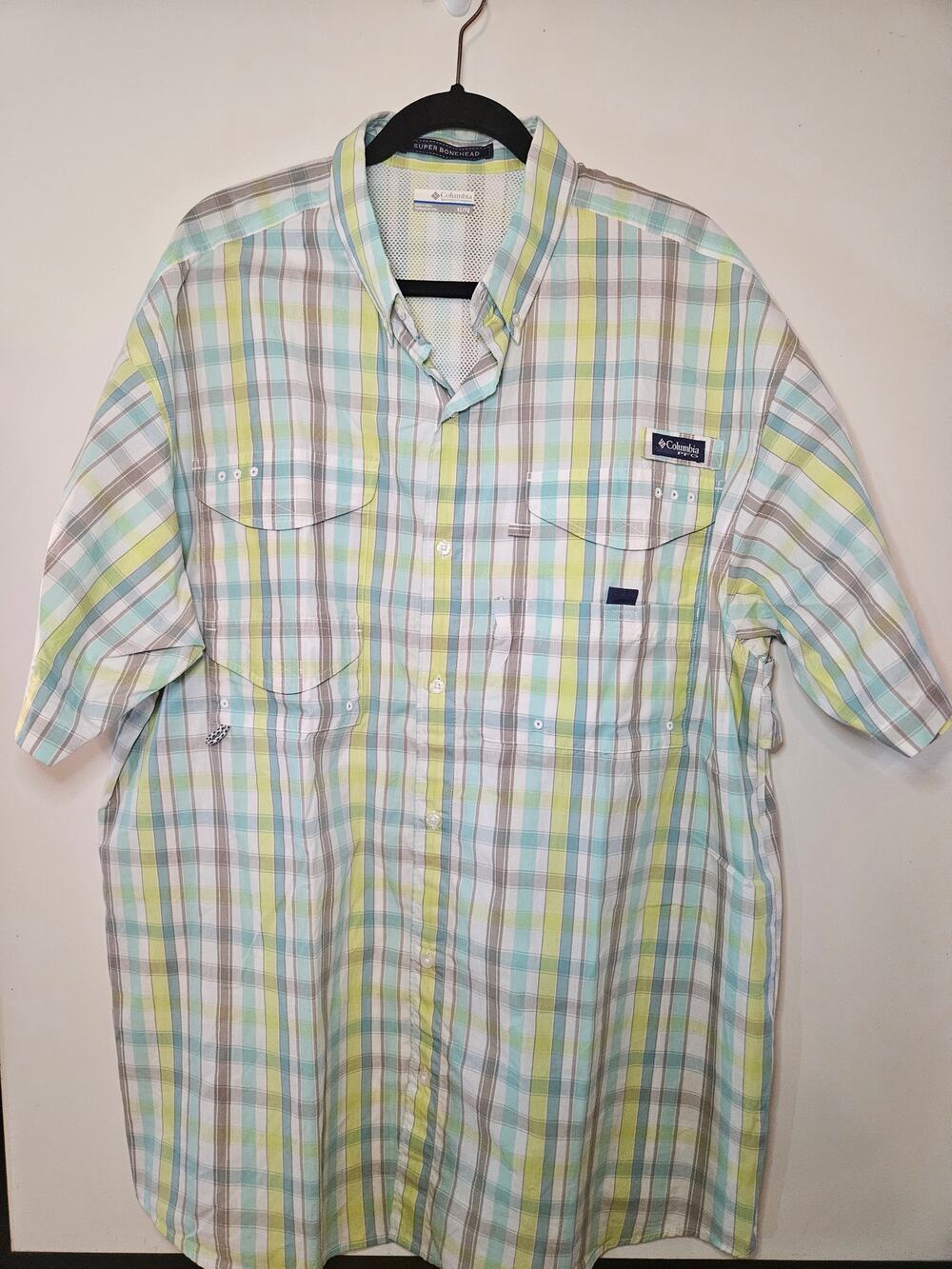 EXCELLENT Super Bonehead Columbia Plaid Yellow White Fishing Shirt XL B-40